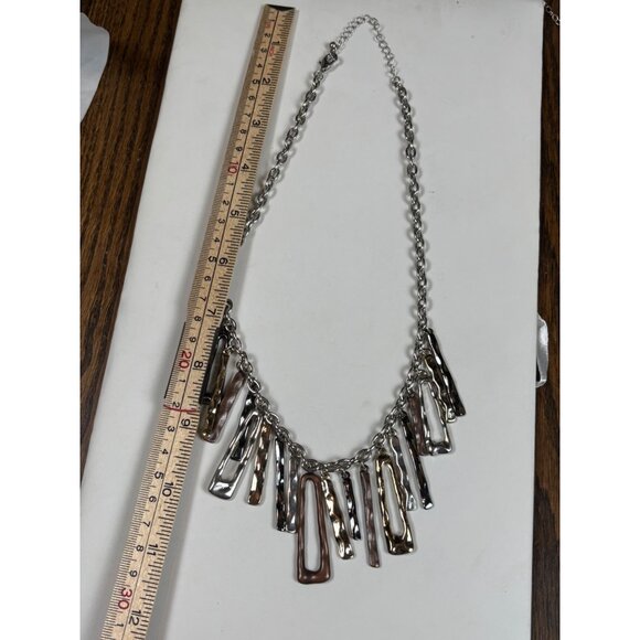 Mixed Metal Statement Necklace With Hammered Geometric Pendants & Lobster Clasp - Picture 6 of 8